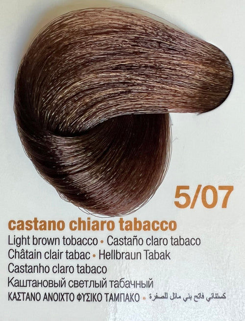light tobacco brown hair color 5t Coverline (5.7) 100ml Yellow Natural Base Warmer browns Excellent gray coverage when used alone Ideal base for gray coverage with warm reds Excellent for low lighting and tint backs PRC KeraCream Color 5T Tobacco Light